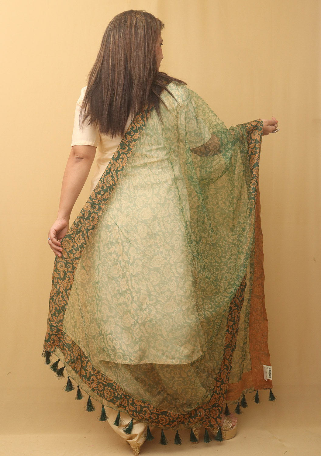 Green Block Printed Organza Handwoven Border Dupatta - Luxurion World