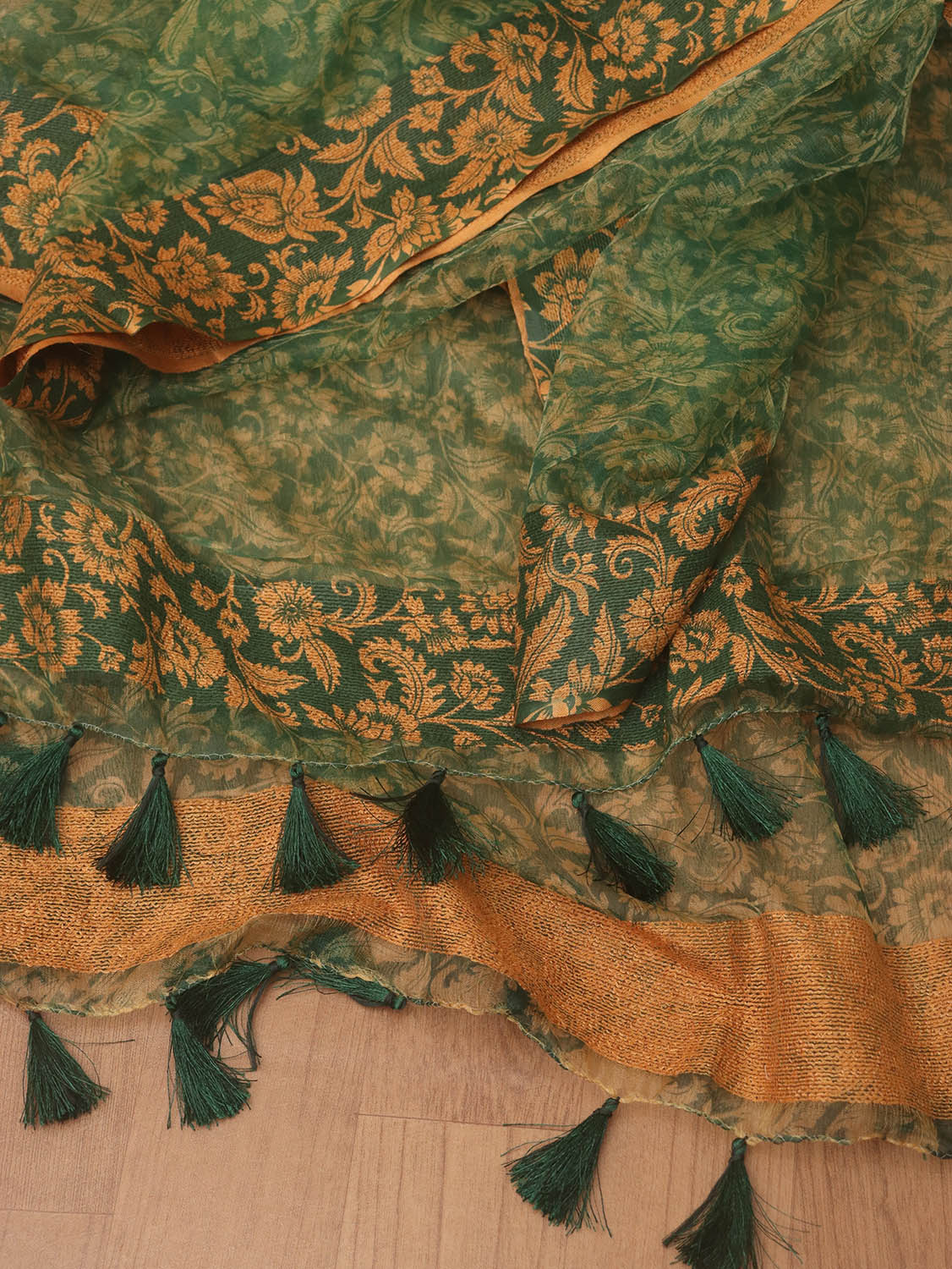 Green Block Printed Organza Handwoven Border Dupatta - Luxurion World