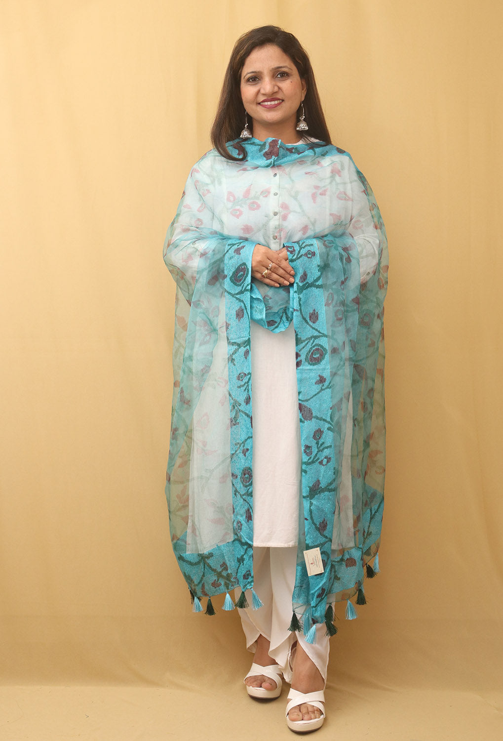 Blue Block Printed Organza Handwoven Border Dupatta - Luxurion World