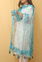 Blue Block Printed Organza Handwoven Border Dupatta - Luxurion World