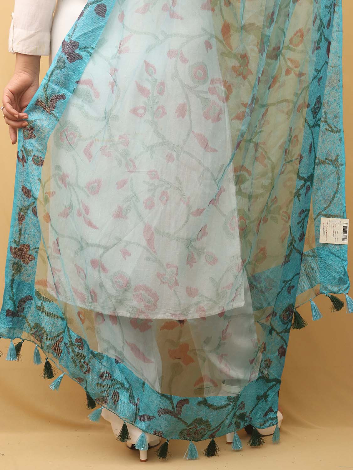 Blue Block Printed Organza Handwoven Border Dupatta - Luxurion World