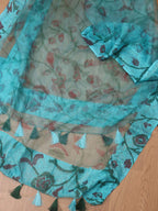 Blue Block Printed Organza Handwoven Border Dupatta - Luxurion World