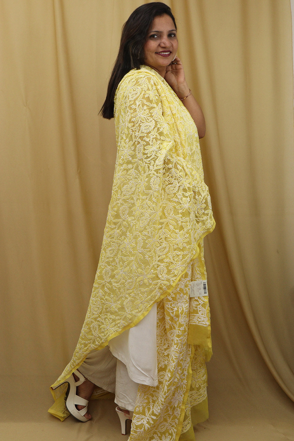 Yellow Chikankari Georgette Dupatta with Hand Embroidery - Luxurion World
