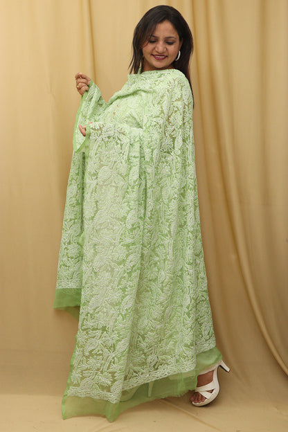 Green Chikankari Georgette Dupatta with Hand Embroidery - Luxurion World