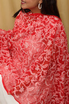 Stunning Red Hand Embroidered Chikankari Georgette Dupatta - Luxurion World