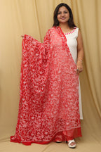 Stunning Red Hand Embroidered Chikankari Georgette Dupatta - Luxurion World