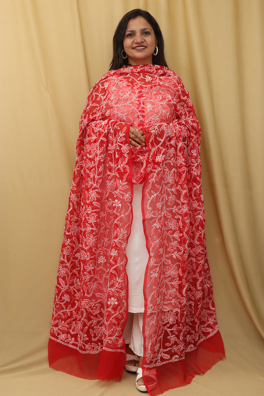 Stunning Red Hand Embroidered Chikankari Georgette Dupatta - Luxurion World