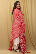 Stunning Red Hand Embroidered Chikankari Georgette Dupatta - Luxurion World