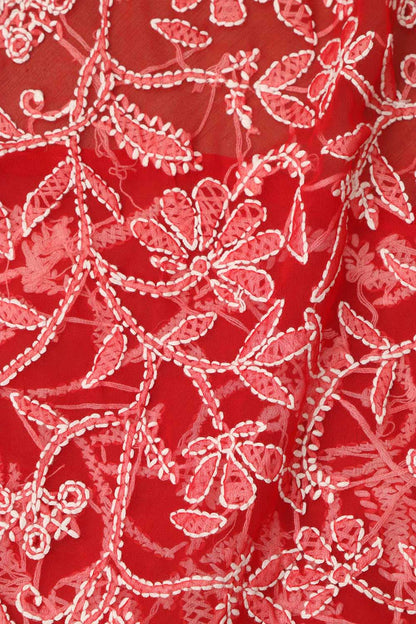 Stunning Red Hand Embroidered Chikankari Georgette Dupatta - Luxurion World
