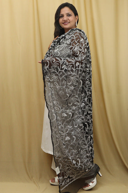 Elegant Black Hand Embroidered Chikankari Georgette Dupatta - Luxurion World