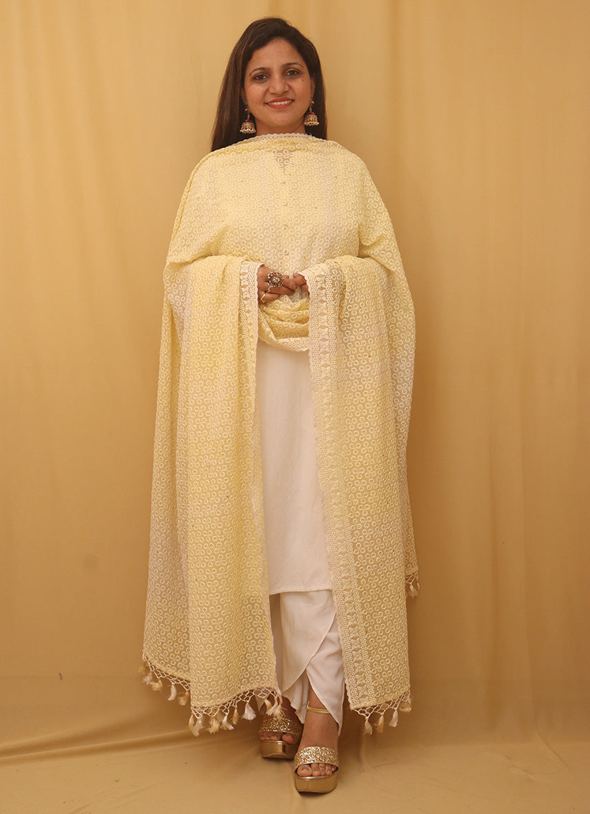 Yellow Embroidered Chikankari Georgette Dupatta - Luxurion World