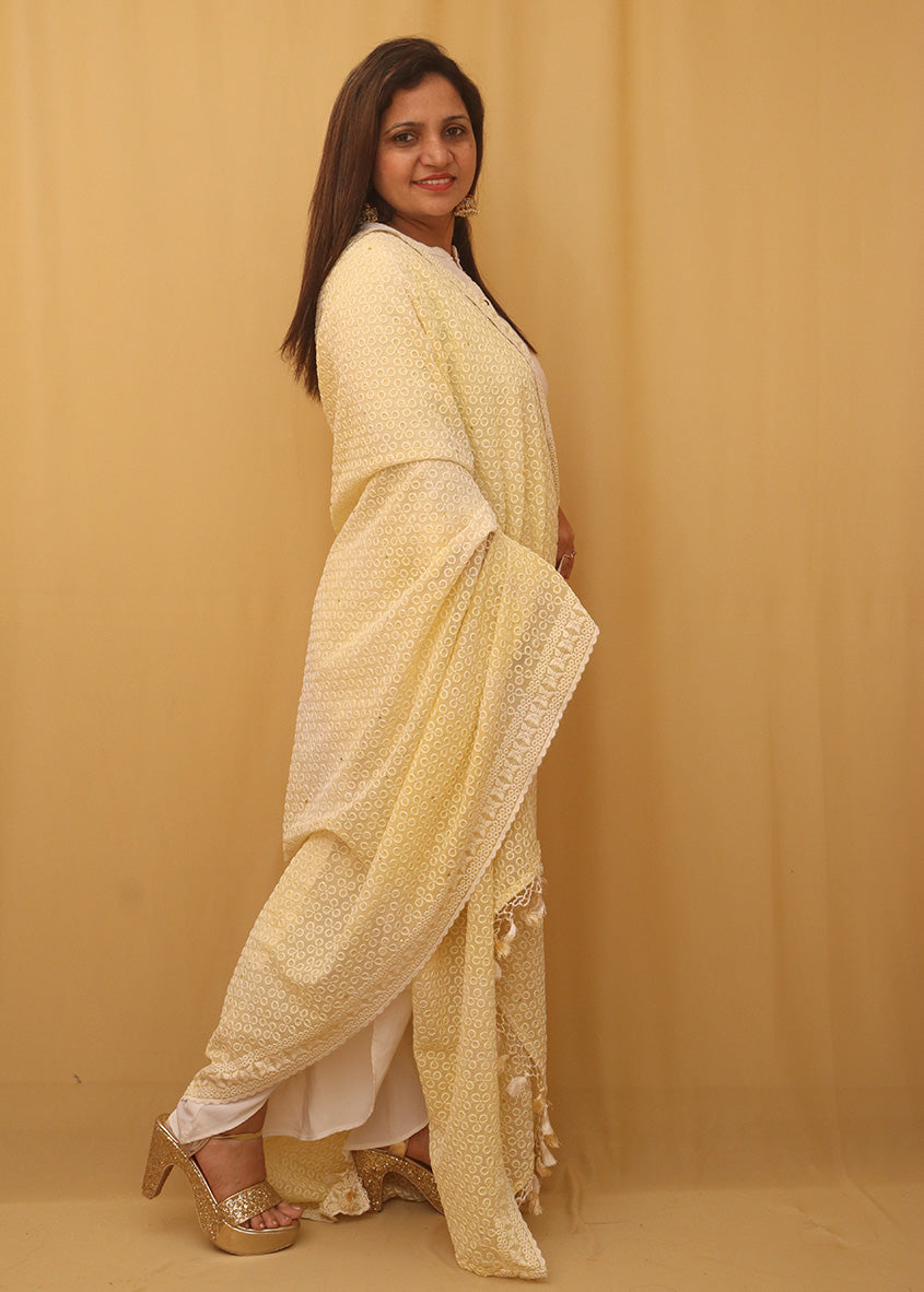 Yellow Embroidered Chikankari Georgette Dupatta - Luxurion World