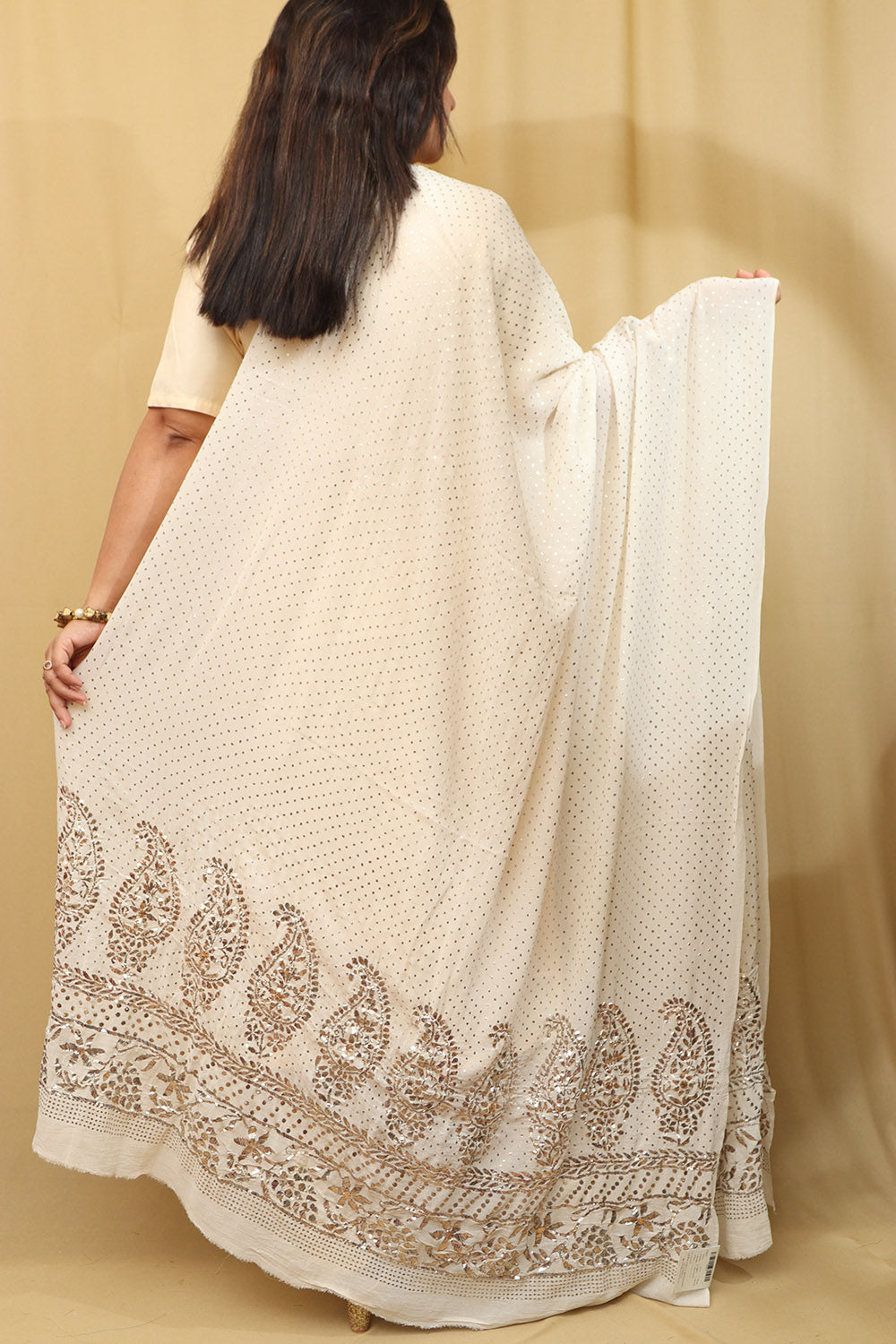 Dyeable Hand Embroidered Georgette Dupatta with Mukaish work - Luxurion World- Crafted Heirlooms