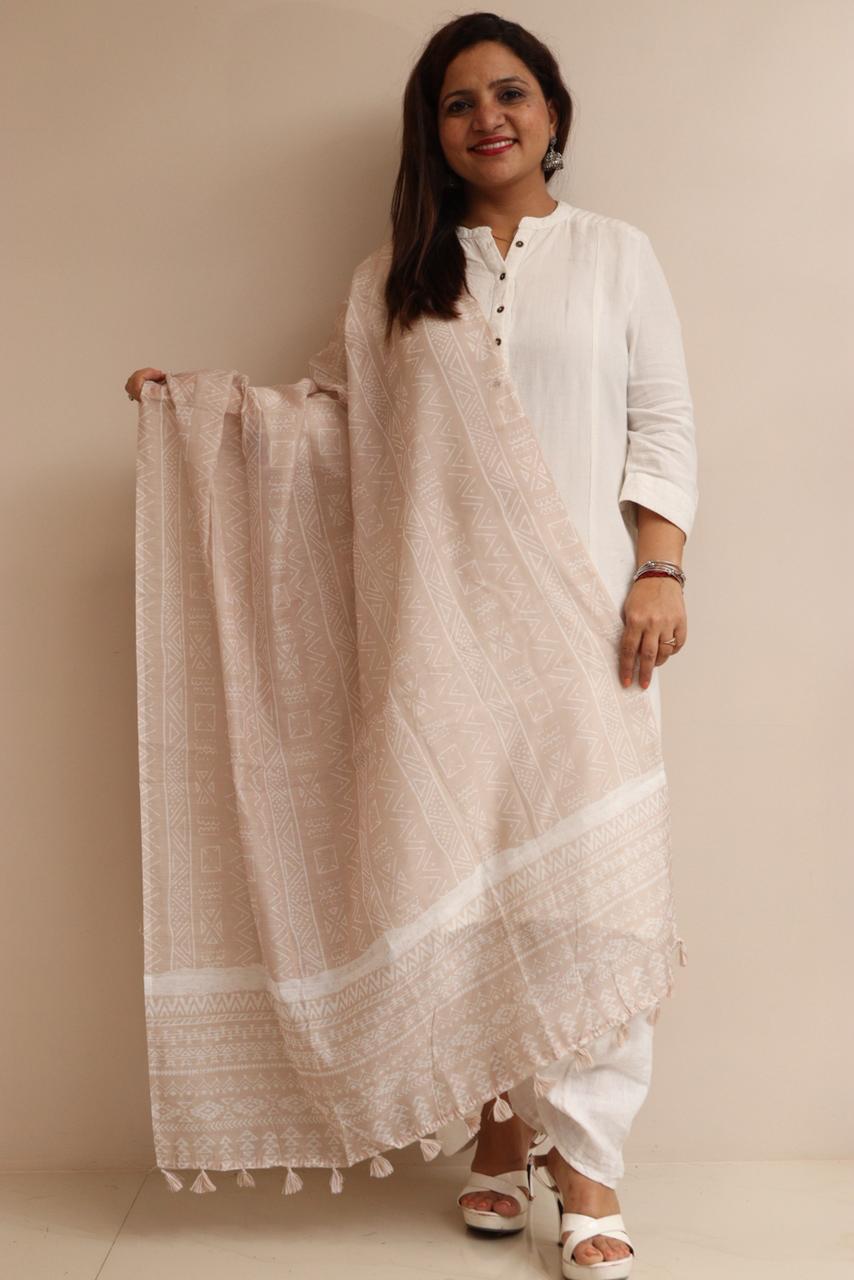 LUXURION WORLD - Cream Digital Printed Chanderi Dupatta with Handcrafted Tassels â€“ Traditional Wear for Women, Lightweight & Elegant - Luxurion World