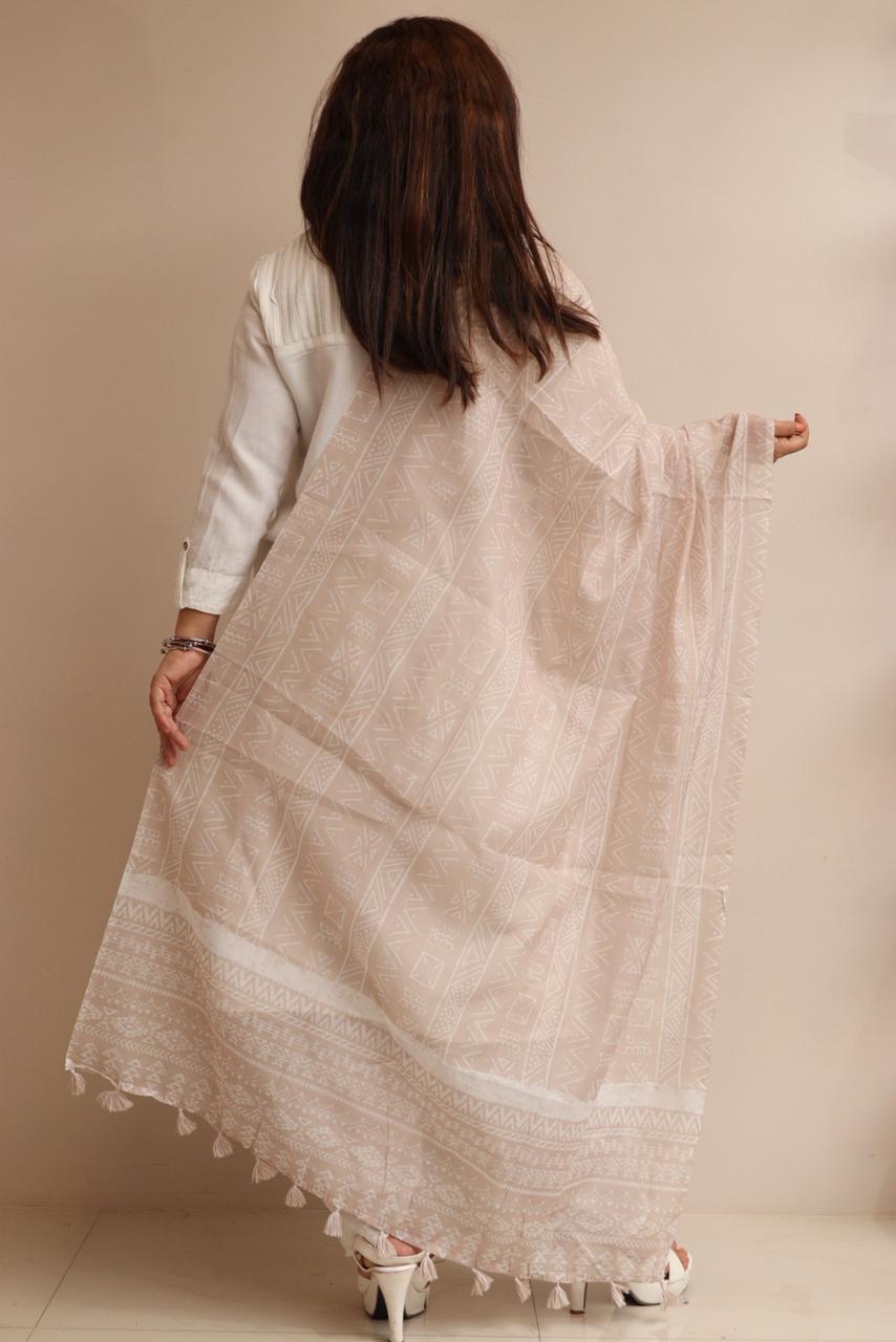 LUXURION WORLD - Cream Digital Printed Chanderi Dupatta with Handcrafted Tassels â€“ Traditional Wear for Women, Lightweight & Elegant - Luxurion World