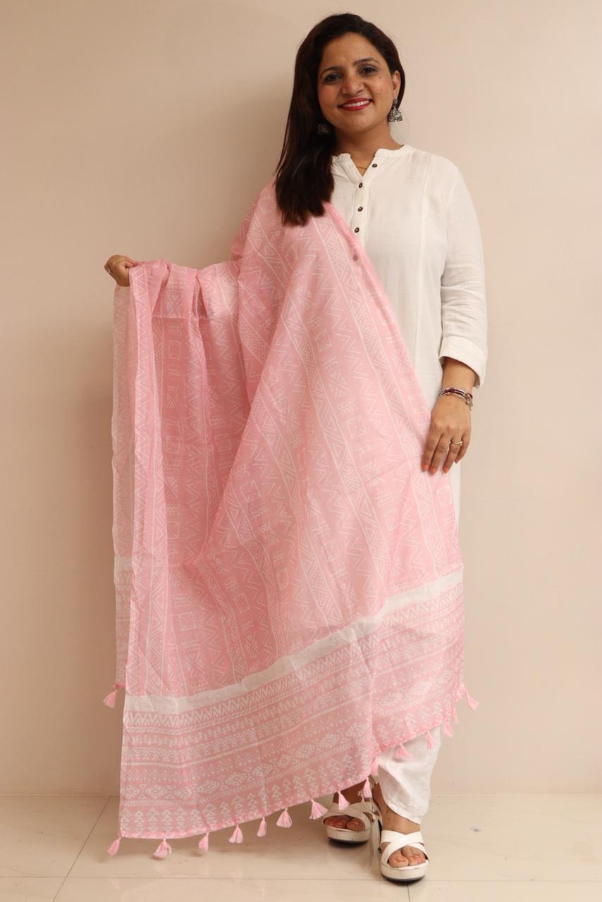Luxurion World- Crafted Heirlooms - Pink Digital Printed Chanderi Dupatta with Handcrafted Tassels â€“ Traditional Wear for Women, Lightweight & Elegant - Luxurion World- Crafted Heirlooms