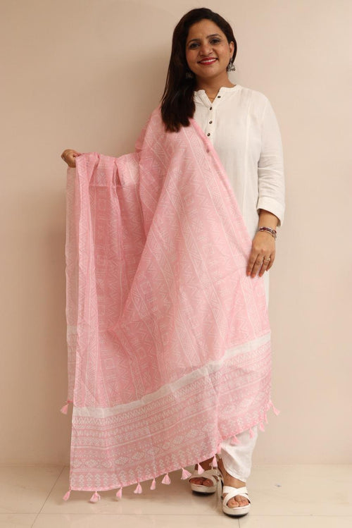 Luxurion World- Crafted Heirlooms - Pink Digital Printed Chanderi Dupatta with Handcrafted Tassels â€“ Traditional Wear for Women, Lightweight & Elegant - Luxurion World- Crafted Heirlooms