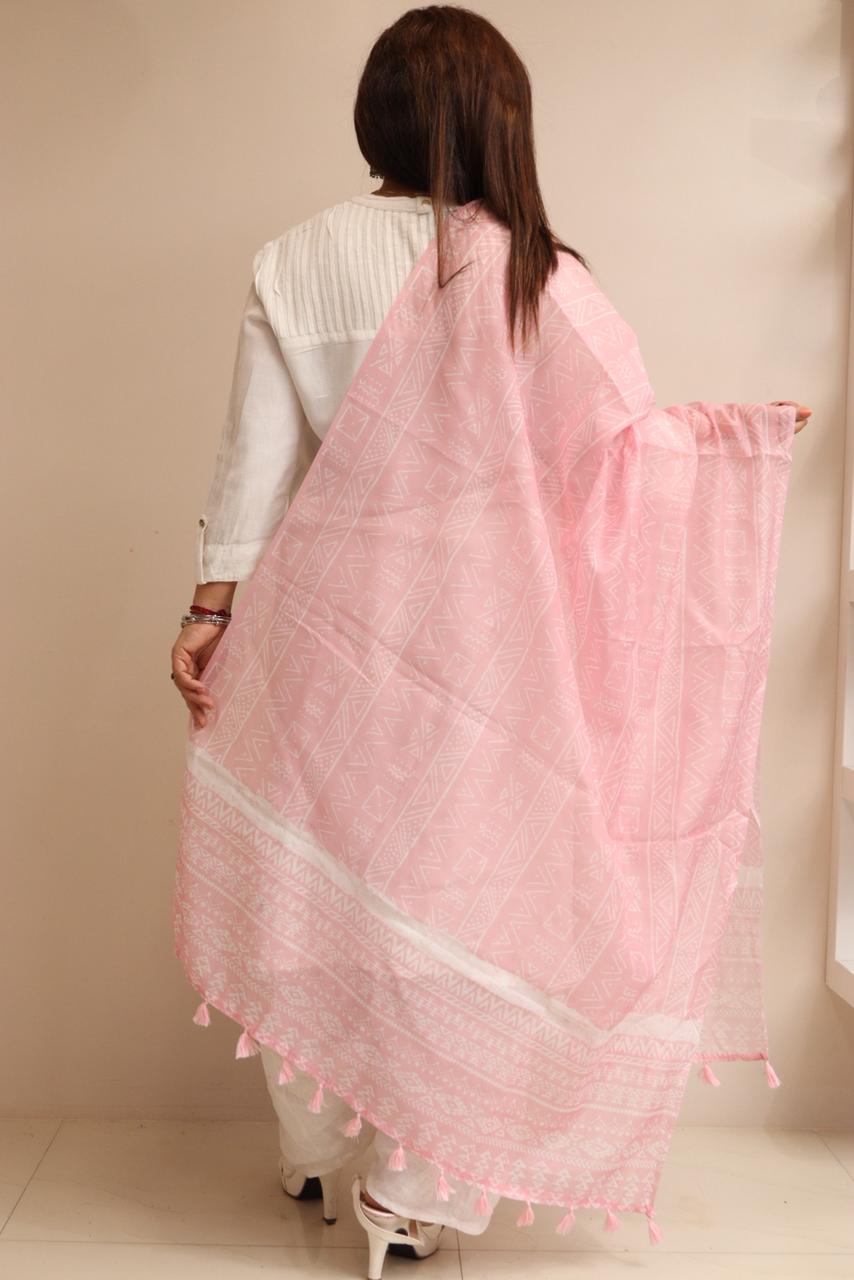 Luxurion World- Crafted Heirlooms - Pink Digital Printed Chanderi Dupatta with Handcrafted Tassels â€“ Traditional Wear for Women, Lightweight & Elegant - Luxurion World- Crafted Heirlooms