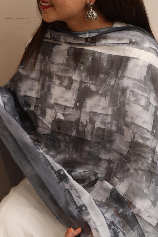 LUXURION WORLD - Grey Digital Printed Chanderi Dupatta with Handcrafted Tassels – Traditional Wear for Women, Lightweight & Elegant - Luxurion World