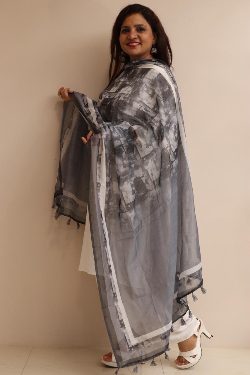Luxurion World- Crafted Heirlooms - Grey Digital Printed Chanderi Dupatta with Handcrafted Tassels â€“ Traditional Wear for Women, Lightweight & Elegant - Luxurion World- Crafted Heirlooms