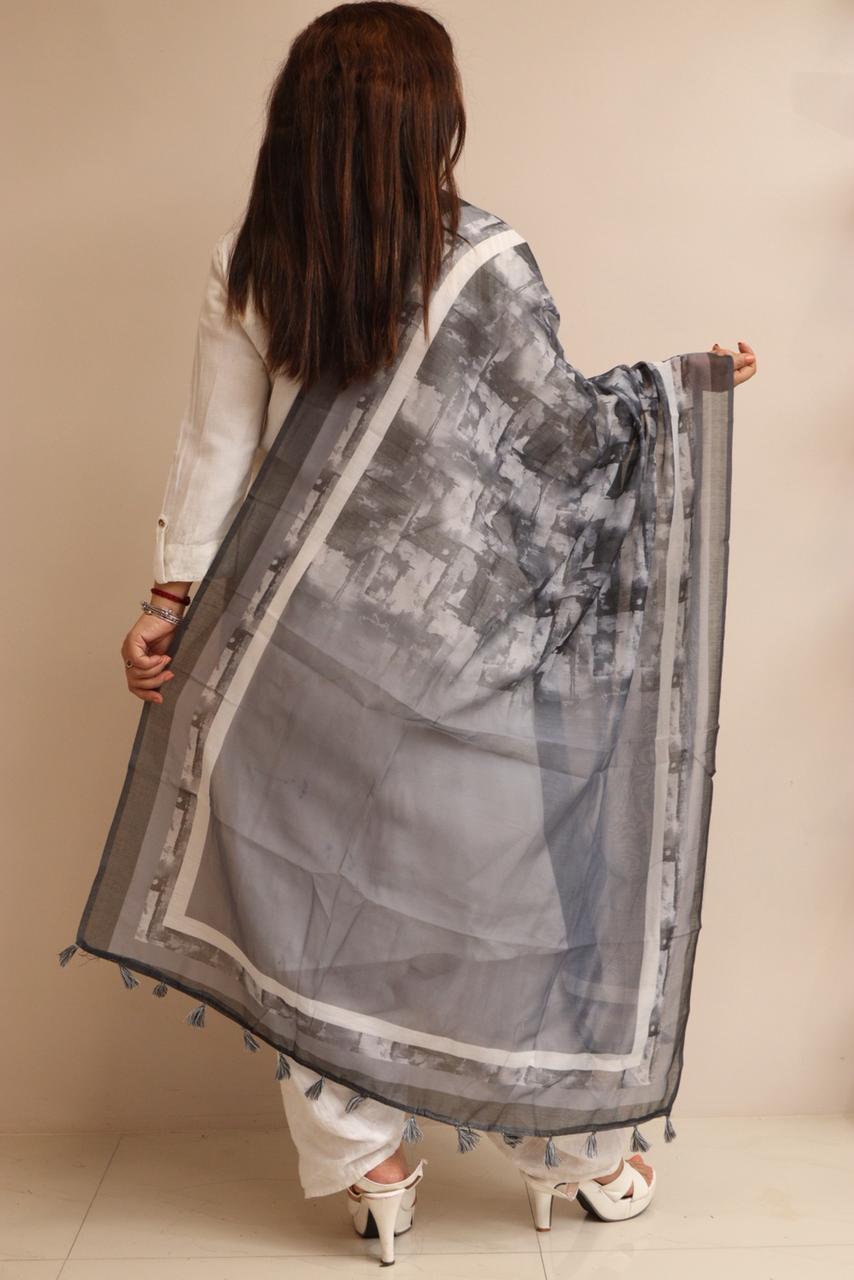 Luxurion World- Crafted Heirlooms - Grey Digital Printed Chanderi Dupatta with Handcrafted Tassels â€“ Traditional Wear for Women, Lightweight & Elegant - Luxurion World- Crafted Heirlooms