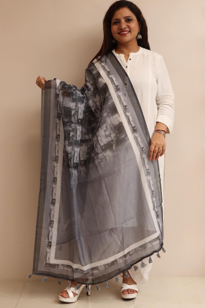 Luxurion World- Crafted Heirlooms - Grey Digital Printed Chanderi Dupatta with Handcrafted Tassels â€“ Traditional Wear for Women, Lightweight & Elegant - Luxurion World- Crafted Heirlooms