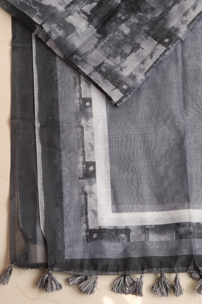 Luxurion World- Crafted Heirlooms - Grey Digital Printed Chanderi Dupatta with Handcrafted Tassels â€“ Traditional Wear for Women, Lightweight & Elegant - Luxurion World- Crafted Heirlooms