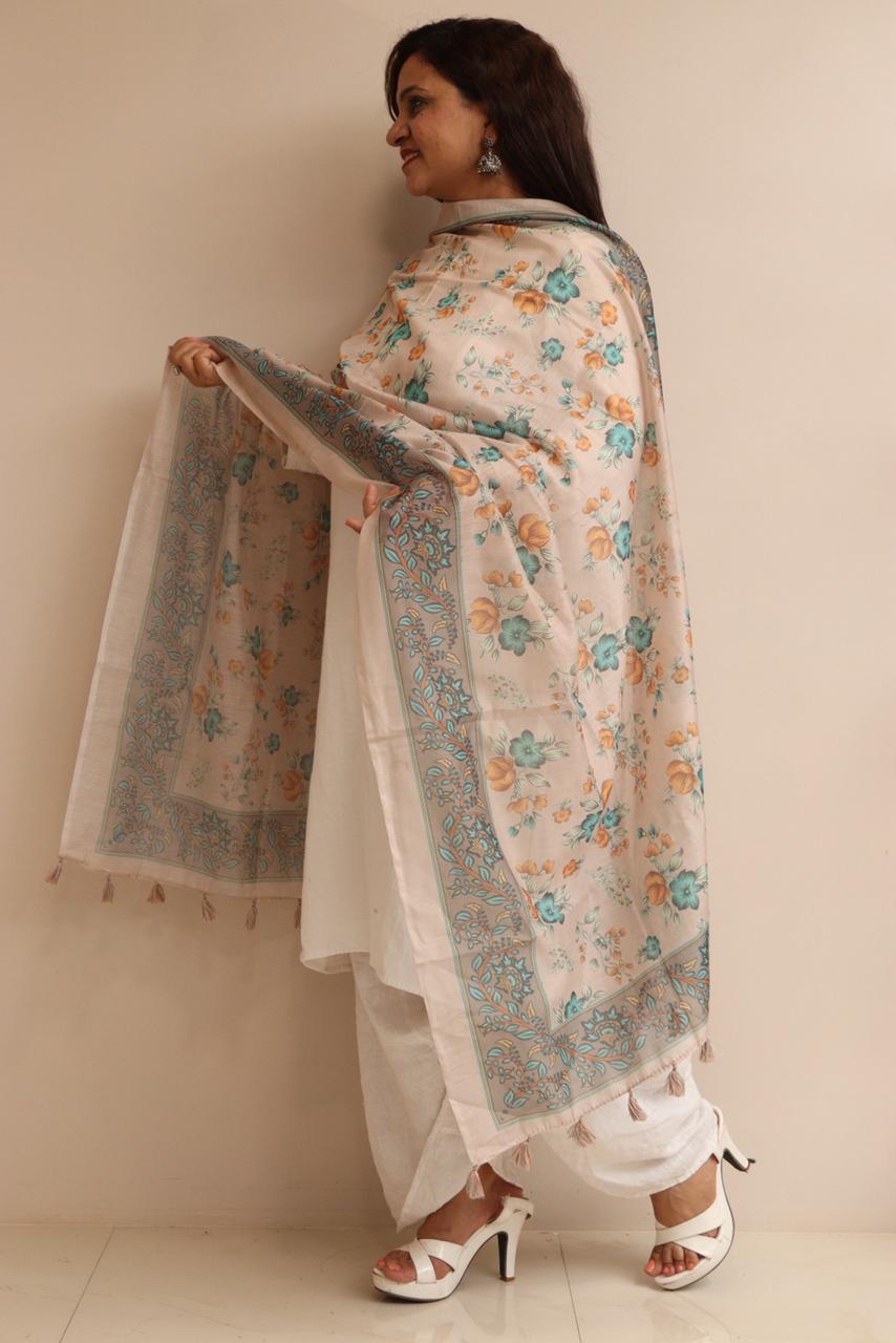 Luxurion World- Crafted Heirlooms - Pastel Digital Printed Chanderi Dupatta with Handcrafted Tassels â€“ Traditional Wear for Women, Lightweight & Elegant - Luxurion World- Crafted Heirlooms