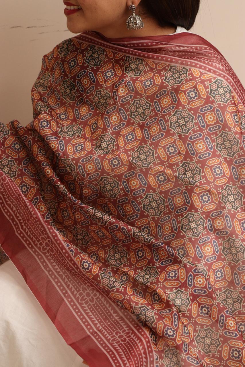 LUXURION WORLD - Maroon Digital Printed Ajrakh Organza Dupatta with Handcrafted Tassels â€“ Traditional Wear for Women, Lightweight & Elegant - Luxurion World