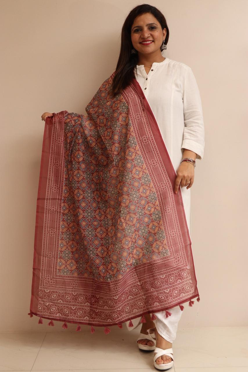 LUXURION WORLD - Maroon Digital Printed Ajrakh Organza Dupatta with Handcrafted Tassels â€“ Traditional Wear for Women, Lightweight & Elegant - Luxurion World