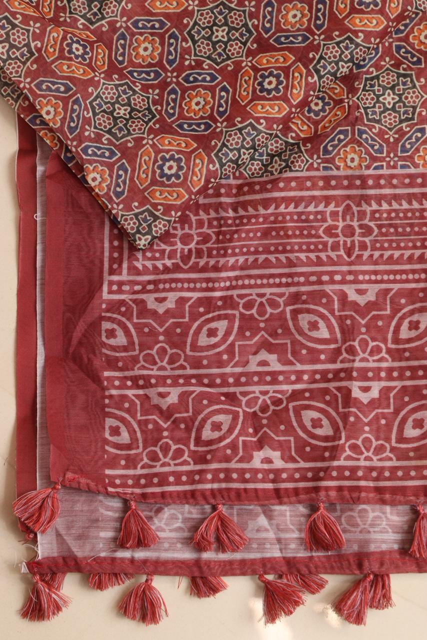 LUXURION WORLD - Maroon Digital Printed Ajrakh Organza Dupatta with Handcrafted Tassels â€“ Traditional Wear for Women, Lightweight & Elegant - Luxurion World