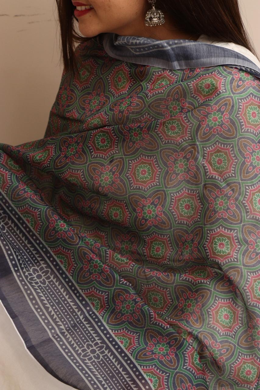 Luxurion World- Crafted Heirlooms - Blue Digital Printed Ajrakh Organza Dupatta with Handcrafted Tassels â€“ Traditional Wear for Women, Lightweight & Elegant - Luxurion World- Crafted Heirlooms