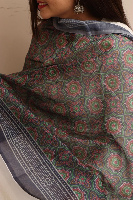 LUXURION WORLD - Blue Digital Printed Ajrakh Organza Dupatta with Handcrafted Tassels – Traditional Wear for Women, Lightweight & Elegant - Luxurion World