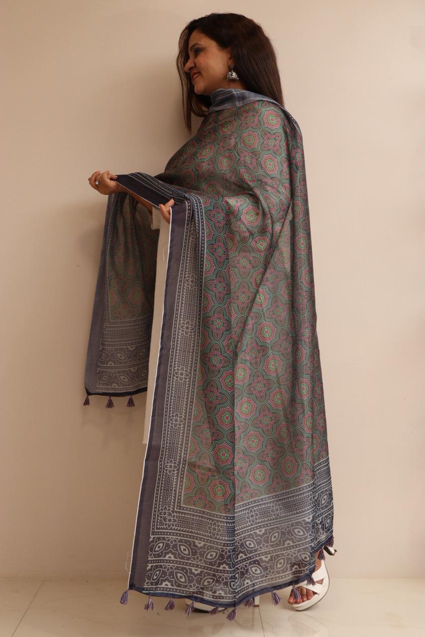 Luxurion World- Crafted Heirlooms - Blue Digital Printed Ajrakh Organza Dupatta with Handcrafted Tassels â€“ Traditional Wear for Women, Lightweight & Elegant - Luxurion World- Crafted Heirlooms