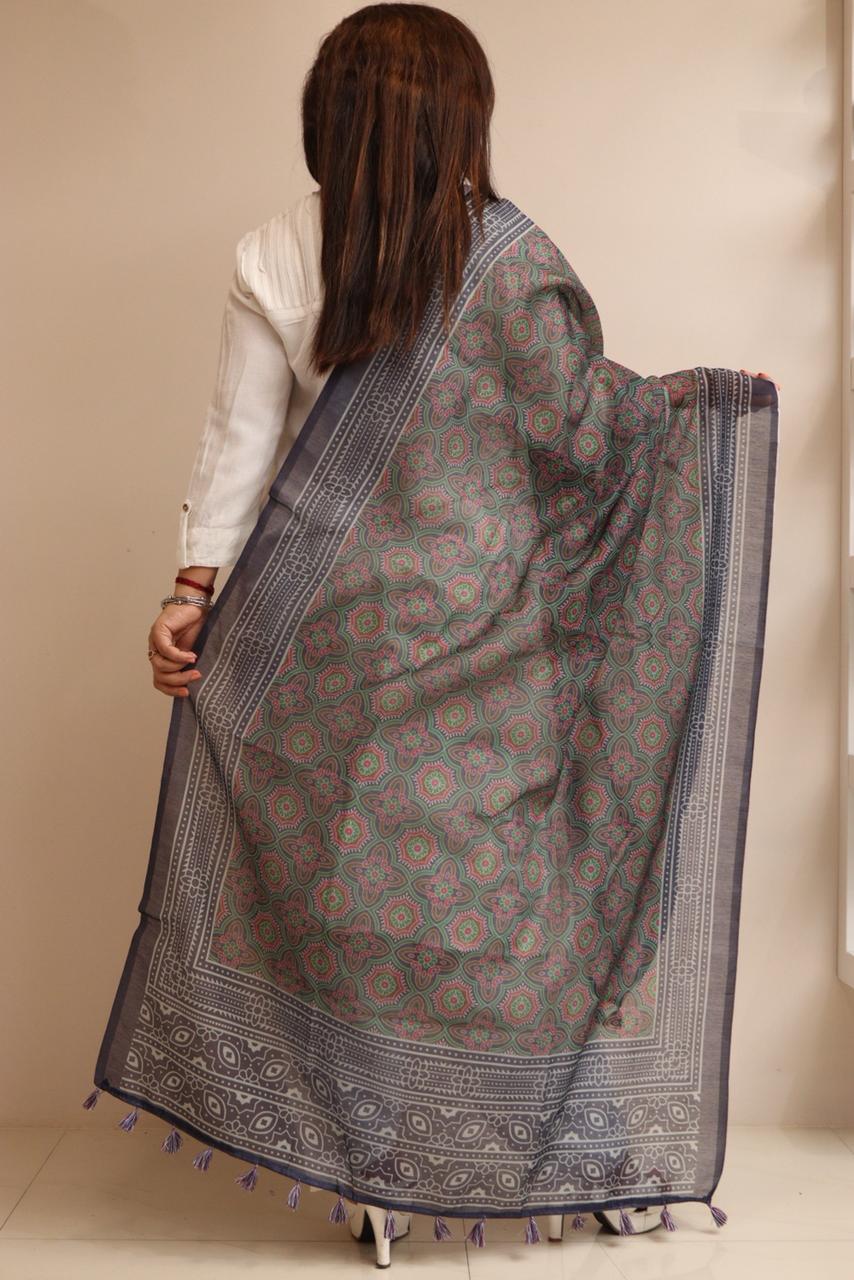 Luxurion World- Crafted Heirlooms - Blue Digital Printed Ajrakh Organza Dupatta with Handcrafted Tassels â€“ Traditional Wear for Women, Lightweight & Elegant - Luxurion World- Crafted Heirlooms
