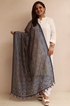 Luxurion World- Crafted Heirlooms - Blue Digital Printed Ajrakh Organza Dupatta with Handcrafted Tassels â€“ Traditional Wear for Women, Lightweight & Elegant - Luxurion World- Crafted Heirlooms