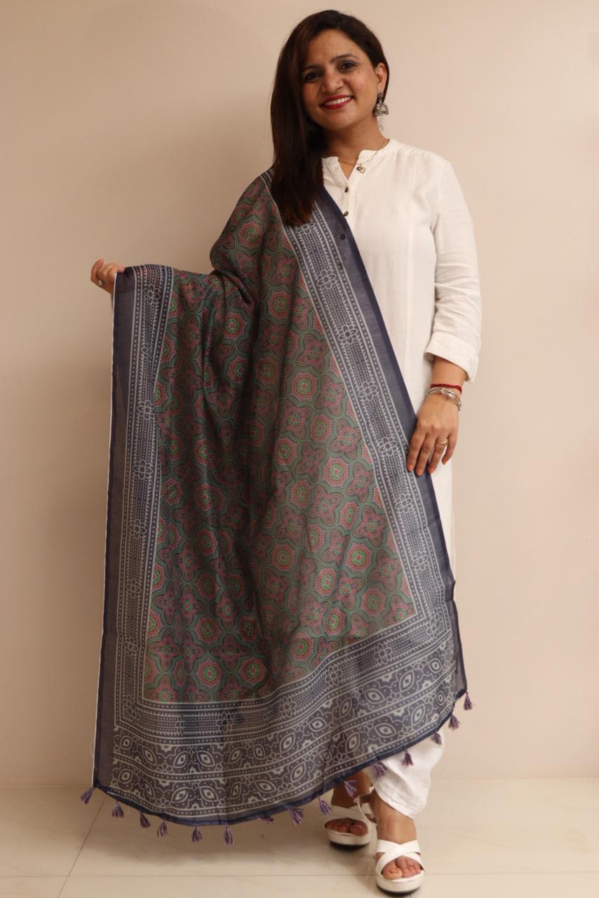 Luxurion World- Crafted Heirlooms - Blue Digital Printed Ajrakh Organza Dupatta with Handcrafted Tassels â€“ Traditional Wear for Women, Lightweight & Elegant - Luxurion World- Crafted Heirlooms