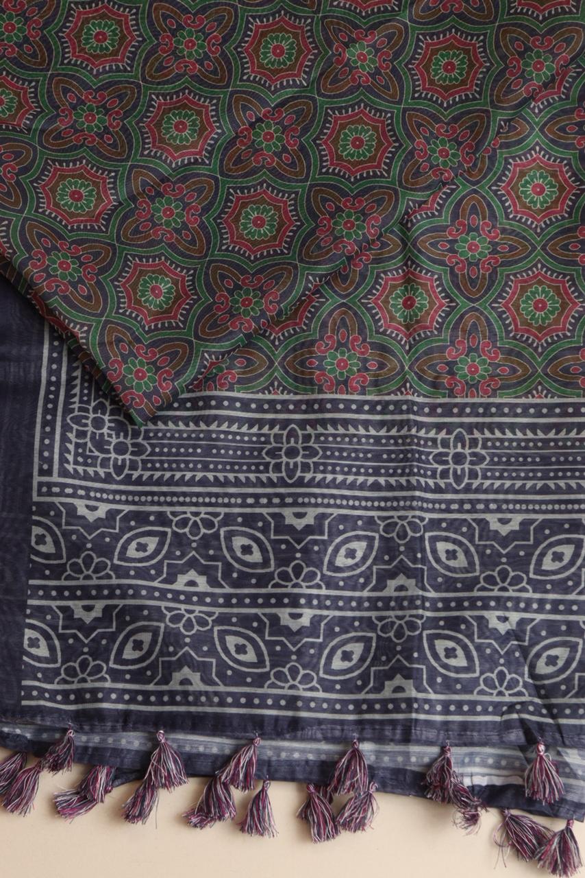 Luxurion World- Crafted Heirlooms - Blue Digital Printed Ajrakh Organza Dupatta with Handcrafted Tassels â€“ Traditional Wear for Women, Lightweight & Elegant - Luxurion World- Crafted Heirlooms