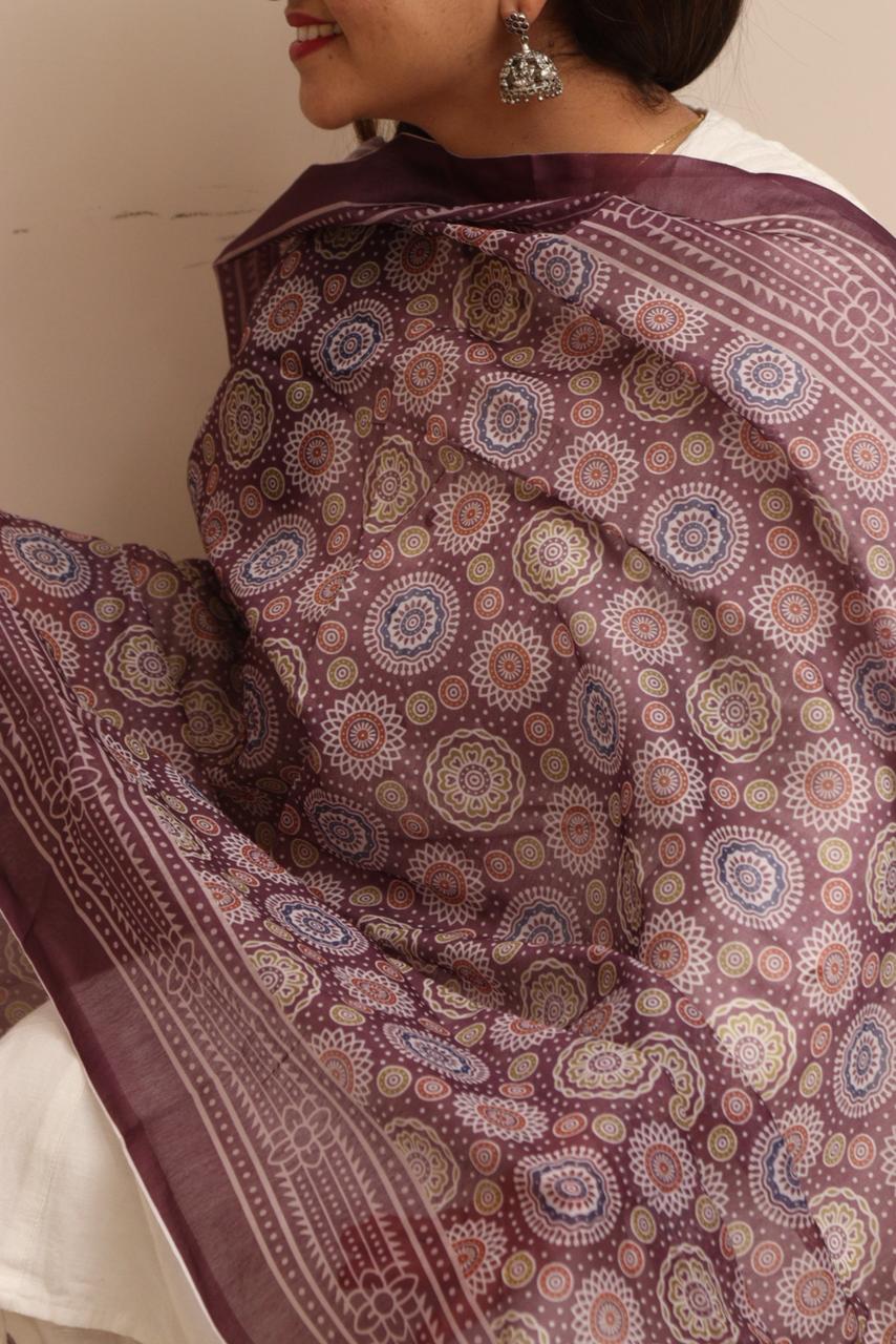 Luxurion World- Crafted Heirlooms - Purple Digital Printed Ajrakh Organza Dupatta with Handcrafted Tassels â€“ Traditional Wear for Women, Lightweight & Elegant - Luxurion World- Crafted Heirlooms