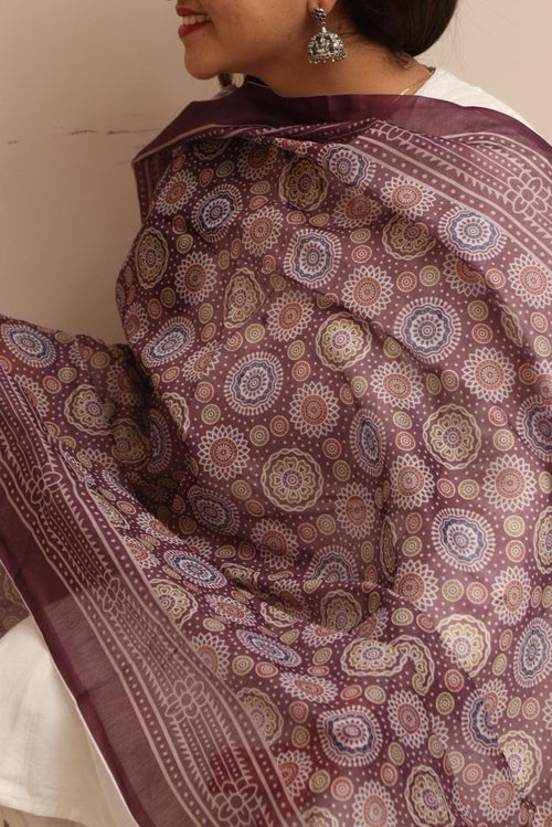 Luxurion World- Crafted Heirlooms - Purple Digital Printed Ajrakh Organza Dupatta with Handcrafted Tassels â€“ Traditional Wear for Women, Lightweight & Elegant - Luxurion World- Crafted Heirlooms