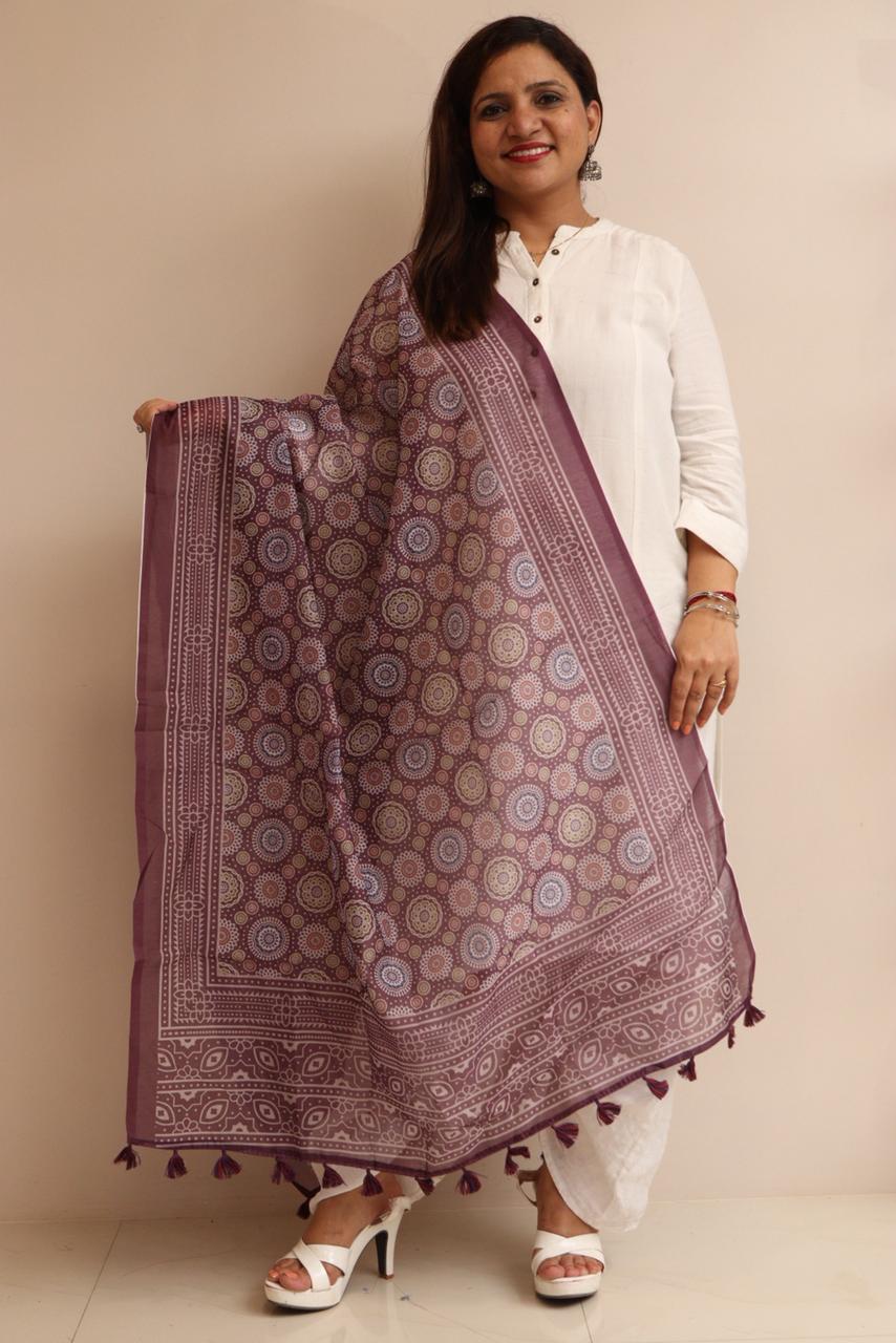 Luxurion World- Crafted Heirlooms - Purple Digital Printed Ajrakh Organza Dupatta with Handcrafted Tassels â€“ Traditional Wear for Women, Lightweight & Elegant - Luxurion World- Crafted Heirlooms