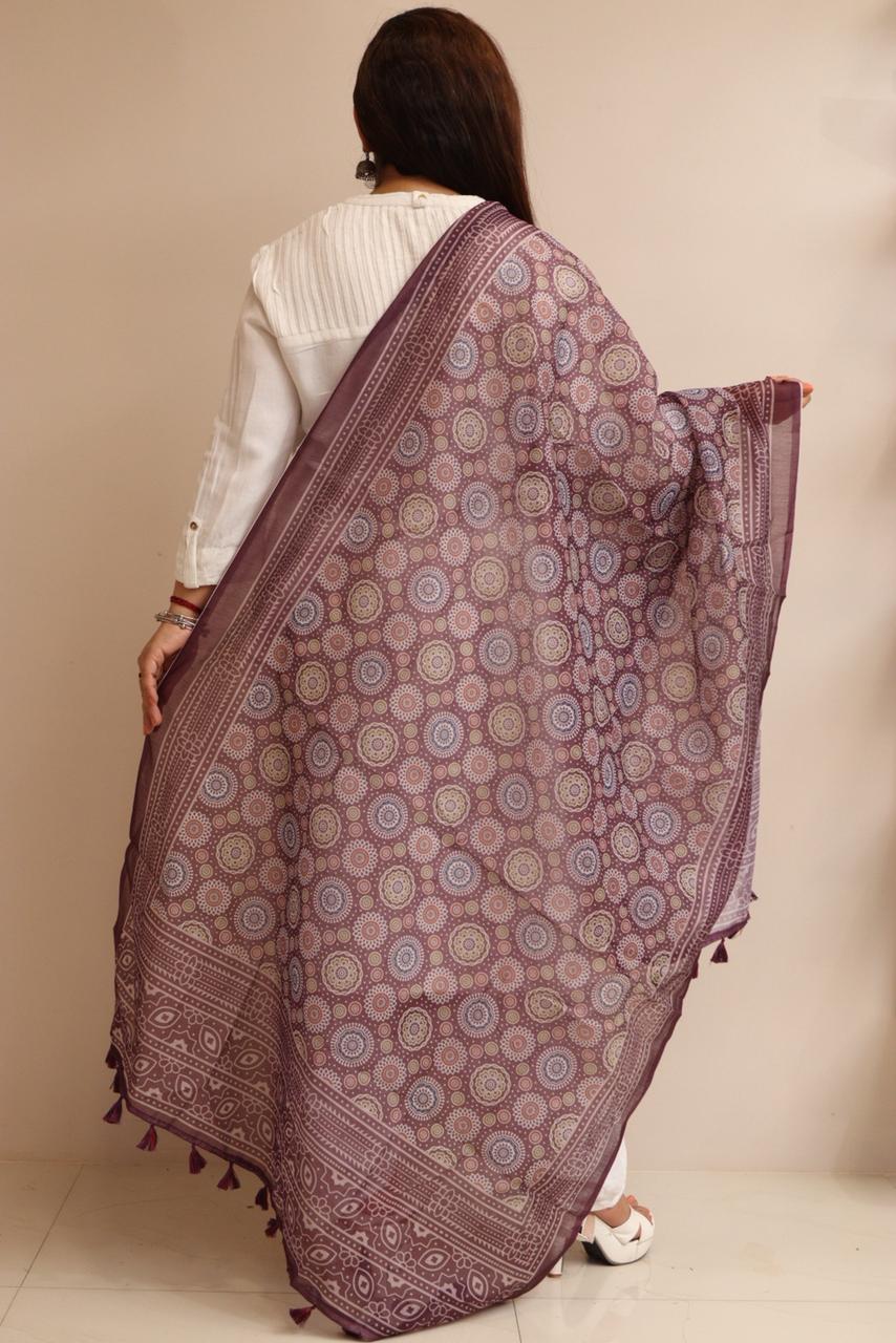 Luxurion World- Crafted Heirlooms - Purple Digital Printed Ajrakh Organza Dupatta with Handcrafted Tassels â€“ Traditional Wear for Women, Lightweight & Elegant - Luxurion World- Crafted Heirlooms
