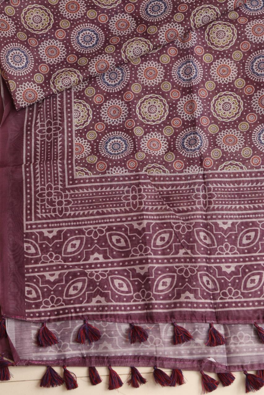 Luxurion World- Crafted Heirlooms - Purple Digital Printed Ajrakh Organza Dupatta with Handcrafted Tassels â€“ Traditional Wear for Women, Lightweight & Elegant - Luxurion World- Crafted Heirlooms