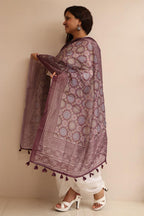 Luxurion World- Crafted Heirlooms - Purple Digital Printed Ajrakh Organza Dupatta with Handcrafted Tassels â€“ Traditional Wear for Women, Lightweight & Elegant - Luxurion World- Crafted Heirlooms