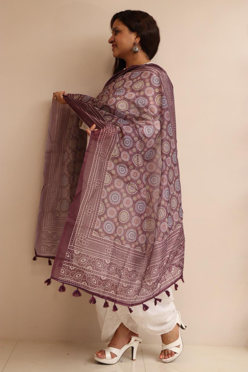 Luxurion World- Crafted Heirlooms - Purple Digital Printed Ajrakh Organza Dupatta with Handcrafted Tassels â€“ Traditional Wear for Women, Lightweight & Elegant - Luxurion World- Crafted Heirlooms