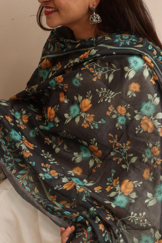 LUXURION WORLD - Black Digital Printed Organza Flower Design Dupatta with Handcrafted Tassels – Traditional Wear for Women, Lightweight & Elegant - Luxurion World