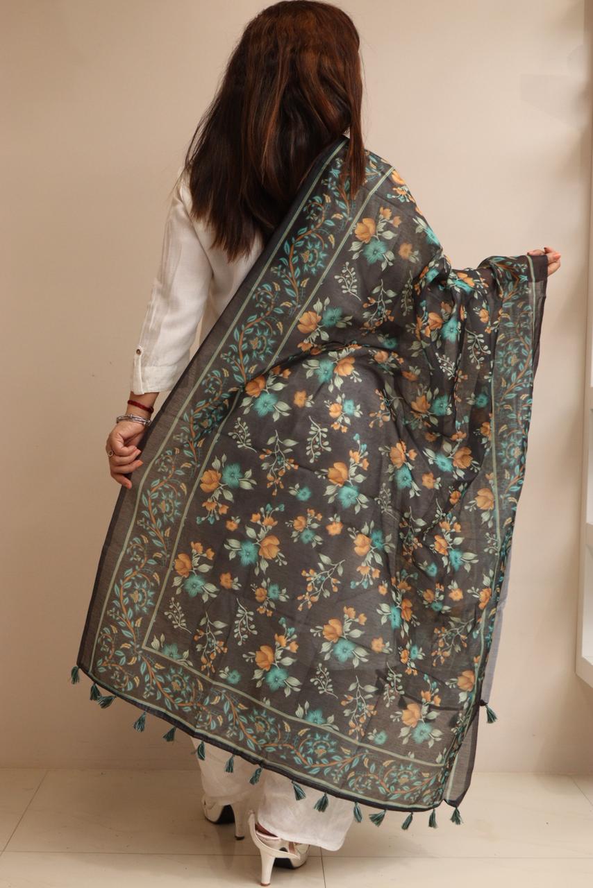 Luxurion World- Crafted Heirlooms - Black Digital Printed Organza Flower Design Dupatta with Handcrafted Tassels â€“ Traditional Wear for Women, Lightweight & Elegant - Luxurion World- Crafted Heirlooms
