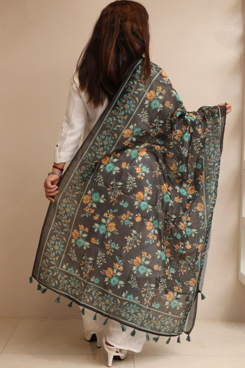 Luxurion World- Crafted Heirlooms - Black Digital Printed Organza Flower Design Dupatta with Handcrafted Tassels â€“ Traditional Wear for Women, Lightweight & Elegant - Luxurion World- Crafted Heirlooms