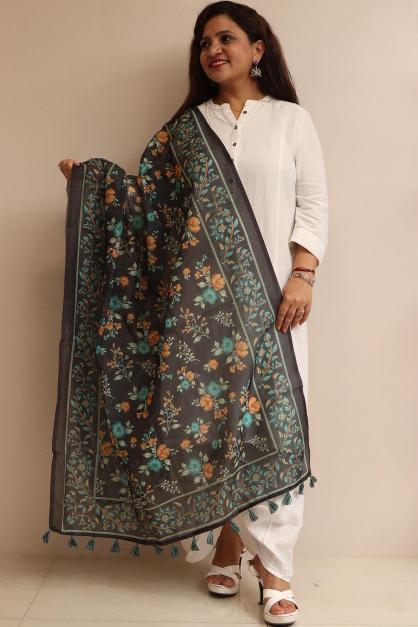 Luxurion World- Crafted Heirlooms - Black Digital Printed Organza Flower Design Dupatta with Handcrafted Tassels â€“ Traditional Wear for Women, Lightweight & Elegant - Luxurion World- Crafted Heirlooms