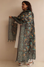 Luxurion World- Crafted Heirlooms - Black Digital Printed Organza Flower Design Dupatta with Handcrafted Tassels â€“ Traditional Wear for Women, Lightweight & Elegant - Luxurion World- Crafted Heirlooms